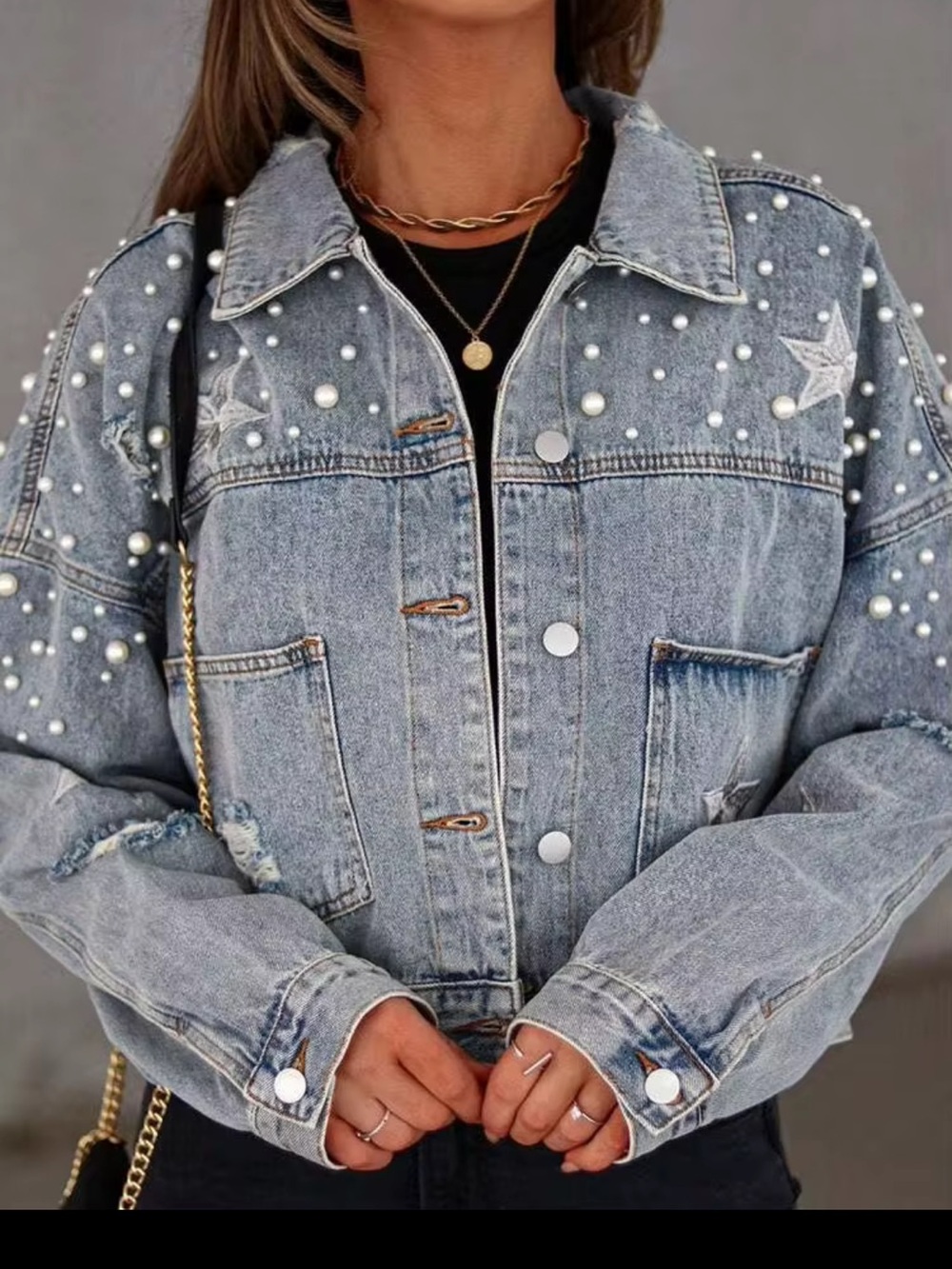 Women's Pearl-Embellished Light Wash Denim Jacket - Picture 3 of 7